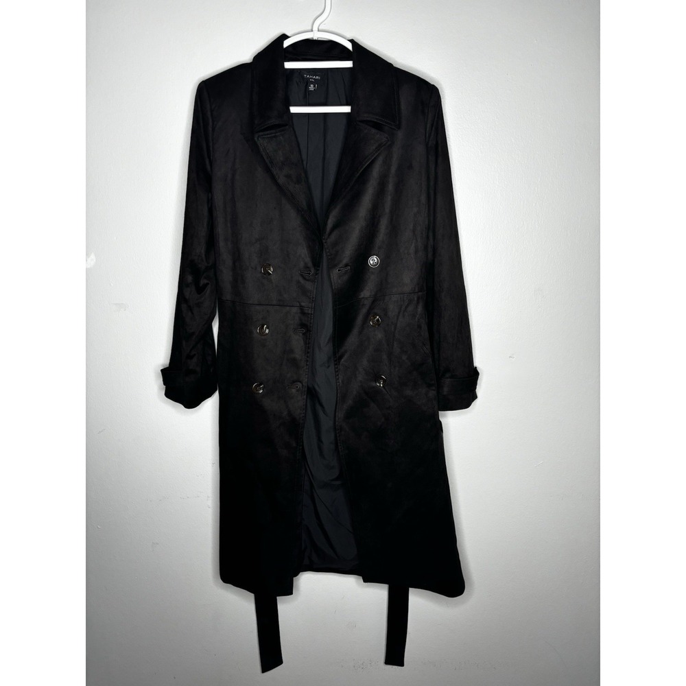 Tahari Womens Long Trench Coat Suede Size 10 Dark Brown